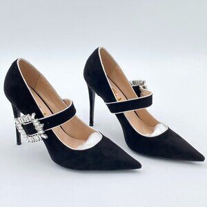 FSJ Black High Heel Mary Jane Pointed Toe Rhinestones Ladies Band Straps Pumps